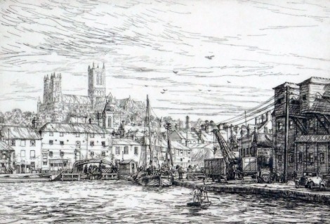 Edgar Holloway (British, 1914-2008). Lincoln Cathedral from Brayford Wharf, etching, limited edition 25/50, signed, 21.5cm x 30.5cm.