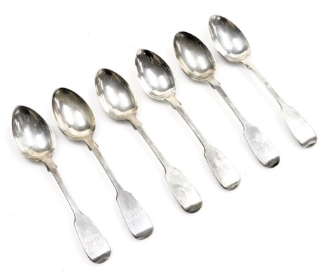 A set of six Victorian silver teaspoons, monogram engraved, Henry Holland, London 1874, 3.87oz.