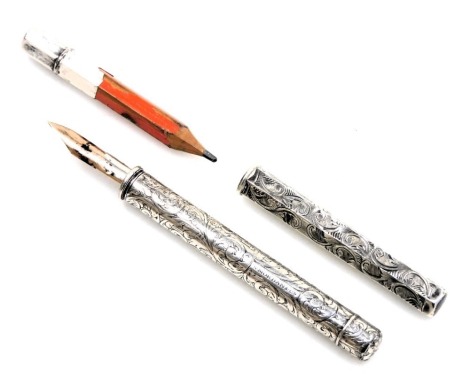 A Samson Mordan and Company propelling pen and pencil, white metal, with foliate engraving, together with an Edwardian silver cased pencil holder, with foliate engraving, Birmingham 1908. (2)