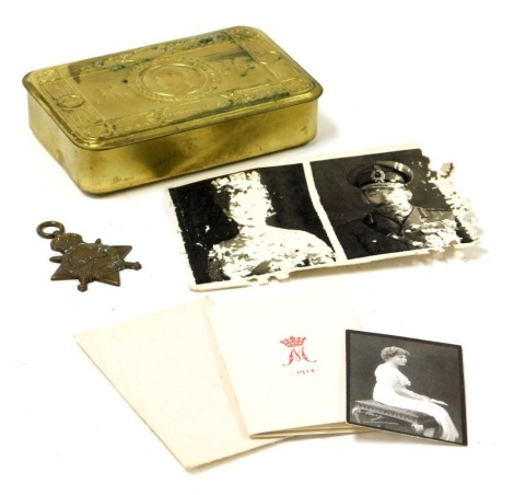 A WWI Princess Mary Christmas tin, with card and envelope, together with a 1914-15 star, named to Pte R W Curwen, RAMC, 54335.