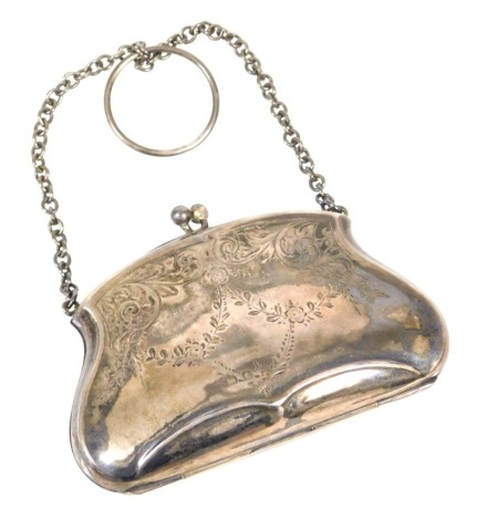 A George V silver evening purse, engraved with floral swags and foliate scrolls, on a chain link suspension, Birmingham 1918, 2.12oz all in.