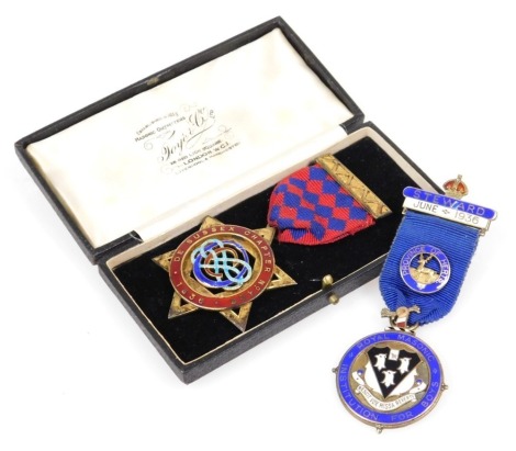 A silver gilt and enamel Masonic jewel, for the De Sussex Chapter, number 406, 1836, cased, together with a silver and enamel jewel for the Royal Masonic Institution for Boys, with a badge for the province of Herts, and Steward, June 1936. (2)