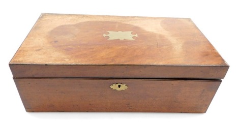 A Victorian mahogany writing slope, with brass escutcheon, opening to reveal a slope and fitted interior, 16cm high, 48.5cm wide, 27.5cm deep. (AF)