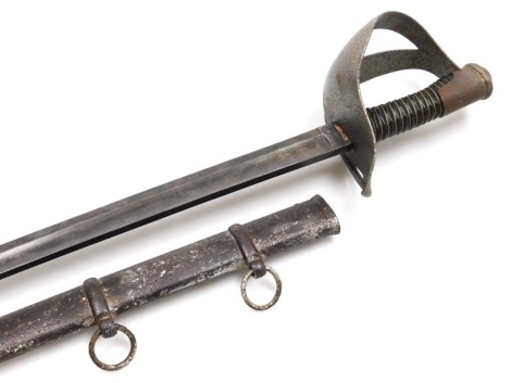 An early 19thC heavy cavalry sabre, the steel blade stamped Partridge, with a cast iron guard, leather and wire bound grip, with scabbard, blade 90cm long.