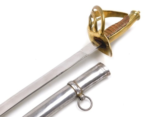 An Indian replica cavalry sabre, with a brass guard and wooden grip, wire bound, steel blade, with scabbard, blade 87cm long.