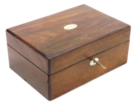 A Victorian rosewood toilet and jewellery box, the lid with mother of pearl escutcheon named for Anna Murphy, the hinged lid opening to reveal a fitted interior, with a tray of lidded compartments and ointment jars with plated lids, further compartment fl