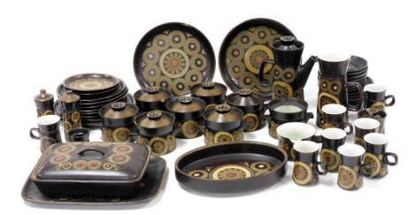 A Denby pottery Arabesque pattern part dinner and coffee service, including a tureen and cover, oval and rectangular serving dishes, dinner and dessert plates, soup bowls and covers, coffee pot and jug, salt and pepper, etc. (qty)