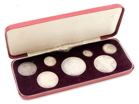 A set of Queen Victoria Golden Jubilee 1887 coinage, comprising crown, half crown, florin, shilling, sixpence, fourpence and threepence, cased.