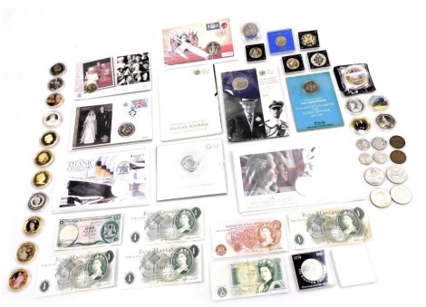 Commemorative crowns and fifty pence coins, including Queen Elizabeth II Diamond Jubilee, the death of Diana Princess of Wales, coin covers, further coinage, and banknotes. (qty)