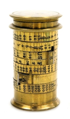 A Watkins late 19thC patent brass exposure meter, manufactured by R Field and Company Birmingham, 6.5cm high.