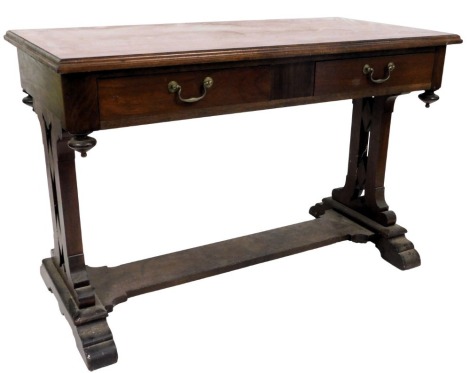 A 19thC mahogany side table, the rectangular top with a moulded edge above two frieze drawers, on pierced end supports with flat under tier and tapering feet, 75cm high, 113cm wide.