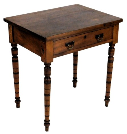 A late 19thC mahogany side table, the rectangular top above a frieze drawer, on turned tapering legs, 69cm high, 62cm wide, 49cm deep. (AF)