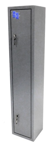 A steel gun cabinet, with keys, 131cm high, 27cm wide, 25cm deep.