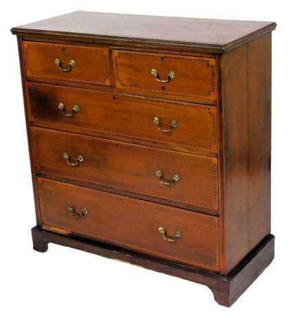 An Edwardian mahogany chest, of two short and three long graduated drawers, with herringbone banding, brass swan neck handles and bracket feet, 110cm high, 107cm wide, 48cm deep.