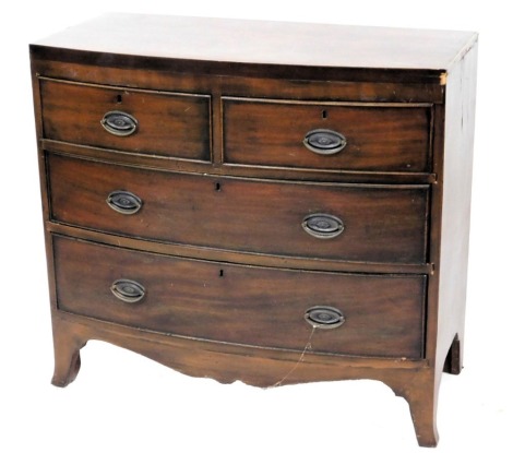 A 19thC mahogany bow front chest of drawers, with two short and three long drawers, on splayed bracket feet, 85cm high, 92cm wide, 46cm deep.