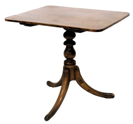 A 19thC tilt top supper table, with rectangular top, on a turned column, tripod base, the top 43cm x 80cm.