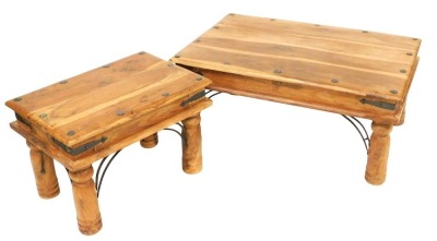 An Eastern hardwood coffee table, with metal mounts, on turned legs, 90cm wide, and a smaller table, 60cm wide. (2)