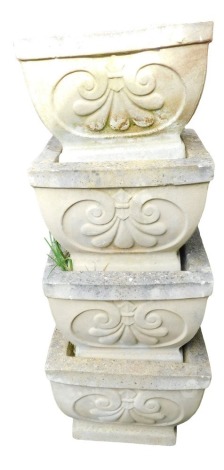 A set of five reconstituted stone square garden planters, each decorated with scrolls, 34cm wide.