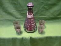 An Art Deco period brown and silver banded glass Decanter and 6 matching