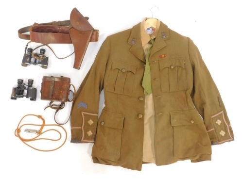 A World War I lieutenant's uniform and accoutrements, to include jacket with Royal West Kent badges, WWI Overseas Service chevrons and wound stripe, Formation patches to both upper sleeves, with a Queen's South Africa medal ribbon, later shirt...