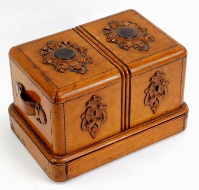 A 19thC fruitwood box, the rectangular top with carved raised decoration depicting roundels within a leaf and berry cartouche, with two strap handles to each side and shield lock mechanism to front, sliding to reveal a blue lined interior and... - 2