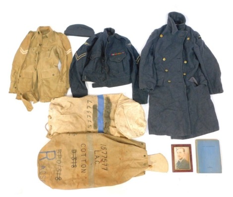 A World War II RAF kit bag, for Arthur Norman Cotton, containing blue wool overcoat, blue wool jacket, size 4, hat, and khaki coloured shirt, together with a framed photograph, Air Navigation book, application forms, training forms, etc. Arthur...