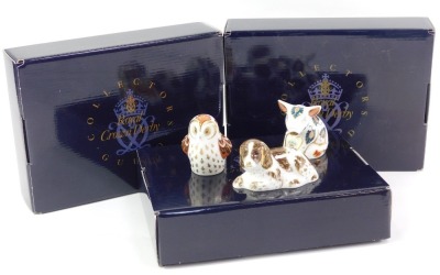 Three Royal Crown Derby porcelain paperweights, comprising Snuffle, Scruff and Owlet, each with red printed marks and gold stoppers, each boxed. - 2