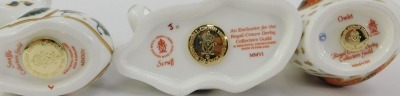 Three Royal Crown Derby porcelain paperweights, comprising Snuffle, Scruff and Owlet, each with red printed marks and gold stoppers, each boxed. - 3