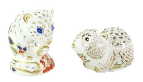 Two Royal Crown Derby porcelain paperweights, comprising riverbank vole, red printed marks and gold stopper, 4cm high, and Derby Doormouse, red printed marks and gold stopper, 6cm high.