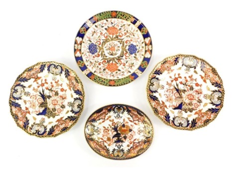 A group of 19thC and later Derby porcelain, each piece decorated in the Imari palette, to include plates, 22cm diameter, oval dish, 19cm wide, and a pair of dishes, 22cm diameter.