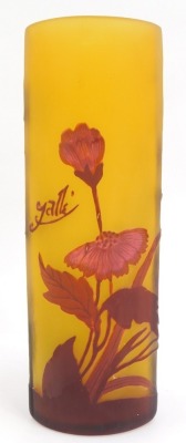 A Galle style glass vase, of curved triangular form, with floral cameo decoration in purple against a frosted yellow ground, 21cm high. - 2