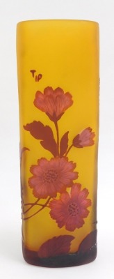 A Galle style glass vase, of curved triangular form, with floral cameo decoration in purple against a frosted yellow ground, 21cm high. - 3