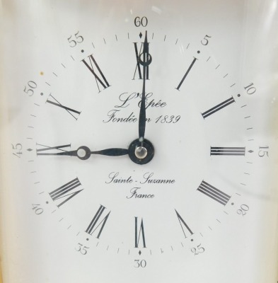 A 20thC brass cased carriage clock, the rectangular white enamel dial bearing Arabic and Roman numerals, marked L'Epee Fondee en 1839, Sainte Susanne France, the case of oval form, with glass panel to top, sides and back, the movement marked Made... - 4