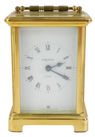 A 20thC Bayard brass cased carriage clock, the square white enamel dial bearing Roman numerals for Bayard, eight day movement with drum barrel, the case with two glazed side panels, with ring handle, 11cm high, with key.