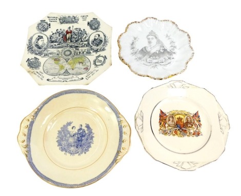 A group of commemorative wares, to include a Queen Victoria 1887 Jubilee plate, manufactured for Silber and Flemming London, 24cm wide, Victoria and Albert transfer printed dish, etc. (a quantity)