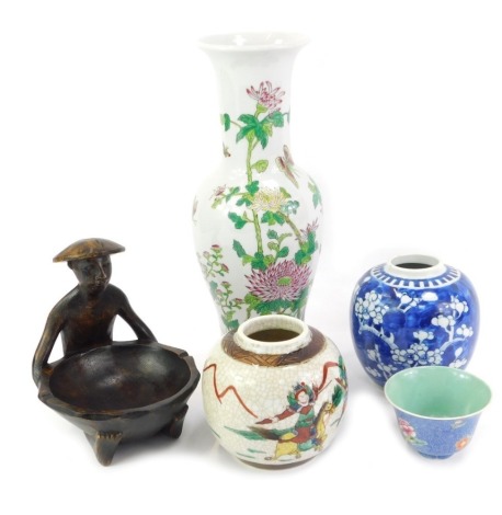 A group of Oriental items, to include a porcelain vase, of baluster form with elongated neck, decorated in polychrome enamels with flowers and butterflies, 37cm high, a ginger jar decorated with flowering prunus against a cracked ice ground,...