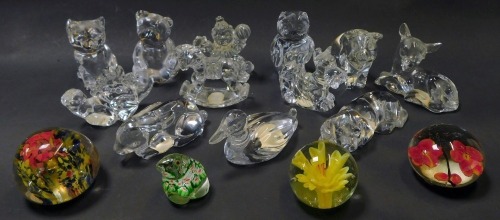 A group of Princess House Crystal Treasures paperweights, modelled as owls, teddy bears, cats, sleeping dog, seated fawn, etc., together with a glass frog paperweight with internal caned decoration, 5cm high, and three further paperweights.