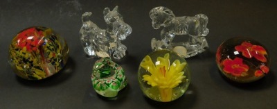 A group of Princess House Crystal Treasures paperweights, modelled as owls, teddy bears, cats, sleeping dog, seated fawn, etc., together with a glass frog paperweight with internal caned decoration, 5cm high, and three further paperweights. - 5