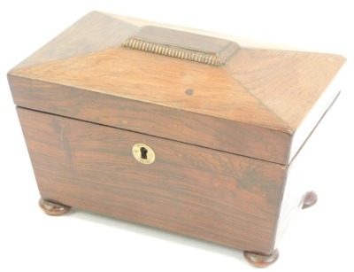 A Regency rosewood sarcophagus shaped tea caddy, the hinged lid enclosing two lidded compartments, on compressed bun feet, 13cm high, 20cm wide, 11cm deep. - 2