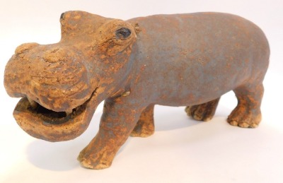 A pair of early 20thC studio pottery figures modelled as hippos, indistinctly signed to underside, 25cm long and 22cm long respectively. - 2