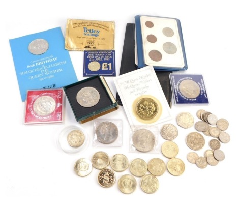 A collection of coinage, to include collectors crowns, presentation pound coins, commemorative 80th Birthday of HM Queen Elizabeth and the Queen Mother, Dove of Peace and other two pound coins, Britain's First Decimal Coin Pack, etc.