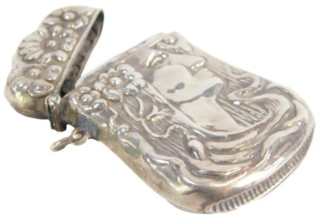 An Art Nouveau vesta case, formed as a female with a headdress, white metal stamped 925 sterling, 7cm high, 1.32oz.