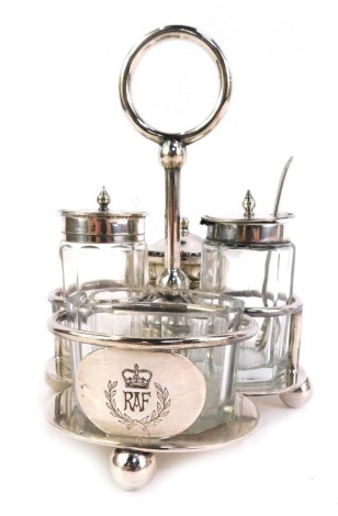 RAF Interest. A silver plated and cut glass cruet, the stand bearing RAF insignia, 16cm high.