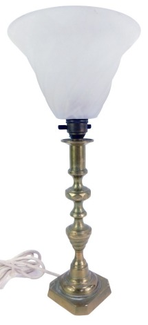 A brass table lamp, with frosted glass shade, of trumpet form, 39cm high.WARNING! This lot contains untested or unsafe electrical items.  It is supplied for scrap or re-conditioning only. TRADE ONLY 