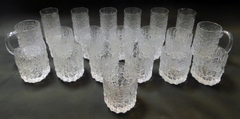 A group of mid century moulded glass bark effect drinking glasses, to include two tankards, tumblers, etc. (1 tray)