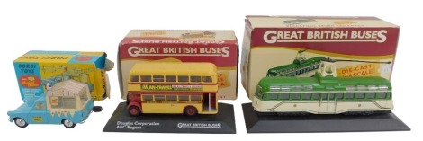 A Corgi Toys musical Wall's Ice Cream van, number 474, boxed, together with two Great British Buses diecast vehicles, comprising Black Bull Bus rail coach and Douglas Corporation AEC Regent, boxed.