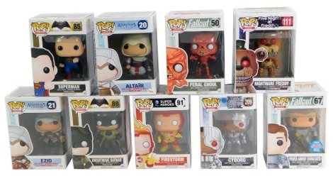 Pop! Games figures, comprising Nightmare Batman, Fire Storm, Cyborg, Super Man, Altair, Ezio, Nightmare Freddy, and Ferry Ghoul.