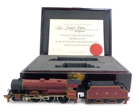 A Bachmann Branchline OO gauge Royal Scot locomotive and tender, in burgundy livery, numbered 6100, with limited edition certificate numbered 3467, in fitted presentation box.