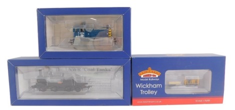 A Bachmann Branchline LNWR OO gauge Webb coal tank, 1054, boxed, together with a OO gauge locomotive, National Rail 03045, and an O gauge Wickam trolley car, BR engineer's yellow, 32-992.