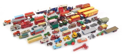 A group of diecast vehicles, to include Matchbox Models of Yesteryear bus, Days Gone London Transport bus, Oxford AEC Regent fire engine, a Matchbox steam road roller, etc. (2 trays)